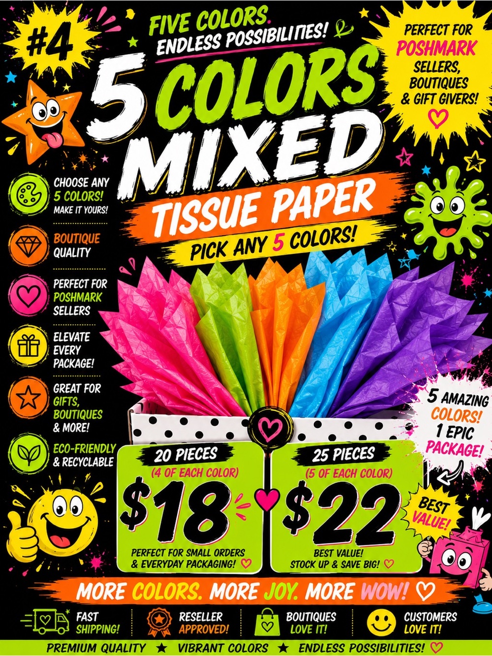 ★ 5 Color Mixed Tissue Paper Bundle | Boutique Packaging Supplies